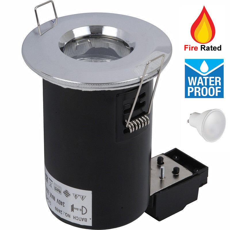 Fire Rated Waterproof Downlight Spotlight Ceiling Light, Polished Chrome / Matt White Cover, For Bathroom Toilet Kitchen