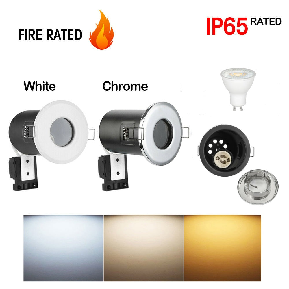 Fire Rated Waterproof Downlight Spotlight Ceiling Light, Polished Chrome / Matt White Cover, For Bathroom Toilet Kitchen