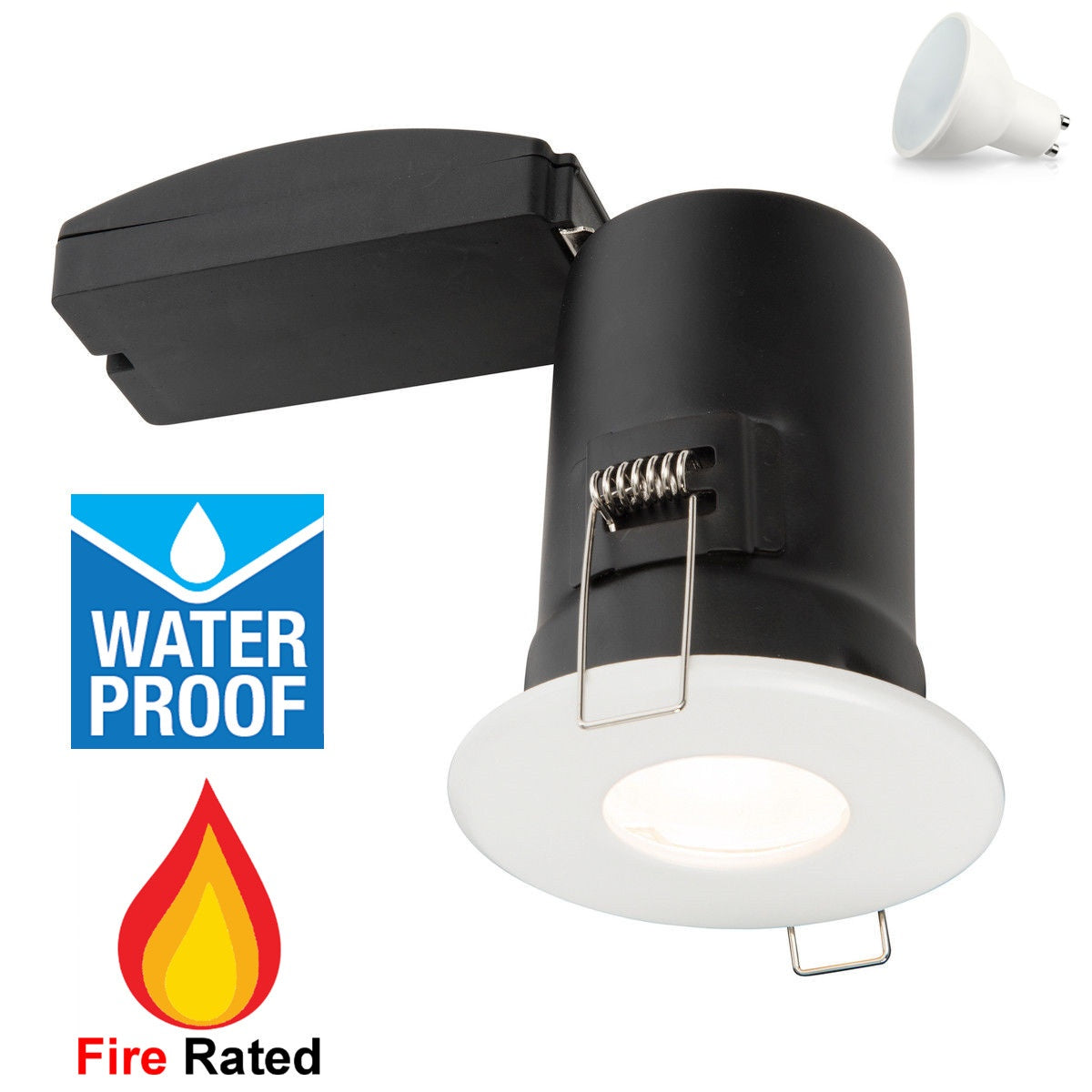 Fire Rated Waterproof Downlight Spotlight Ceiling Light, Polished Chrome / Matt White Cover, For Bathroom Toilet Kitchen
