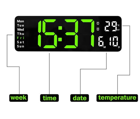 Large Green Digital LED Clock Alarm Time / Date / Week / Month / Temperature Display With Remote Control, Size: 38.8 x 13 x 3.3cm&nbsp;